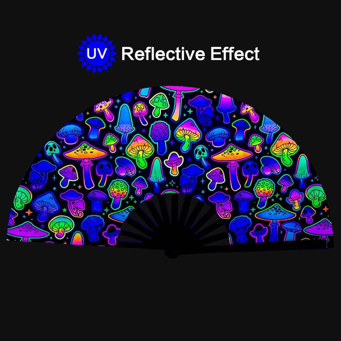 UV Glow Rave Fan, Bamboo Folding Clack Hand Fans Foldable for Men Women, Boots on the Ground Poping Fan for EDM Festival Line Dance Decoration, (Magic Mushrooms, Large 13")