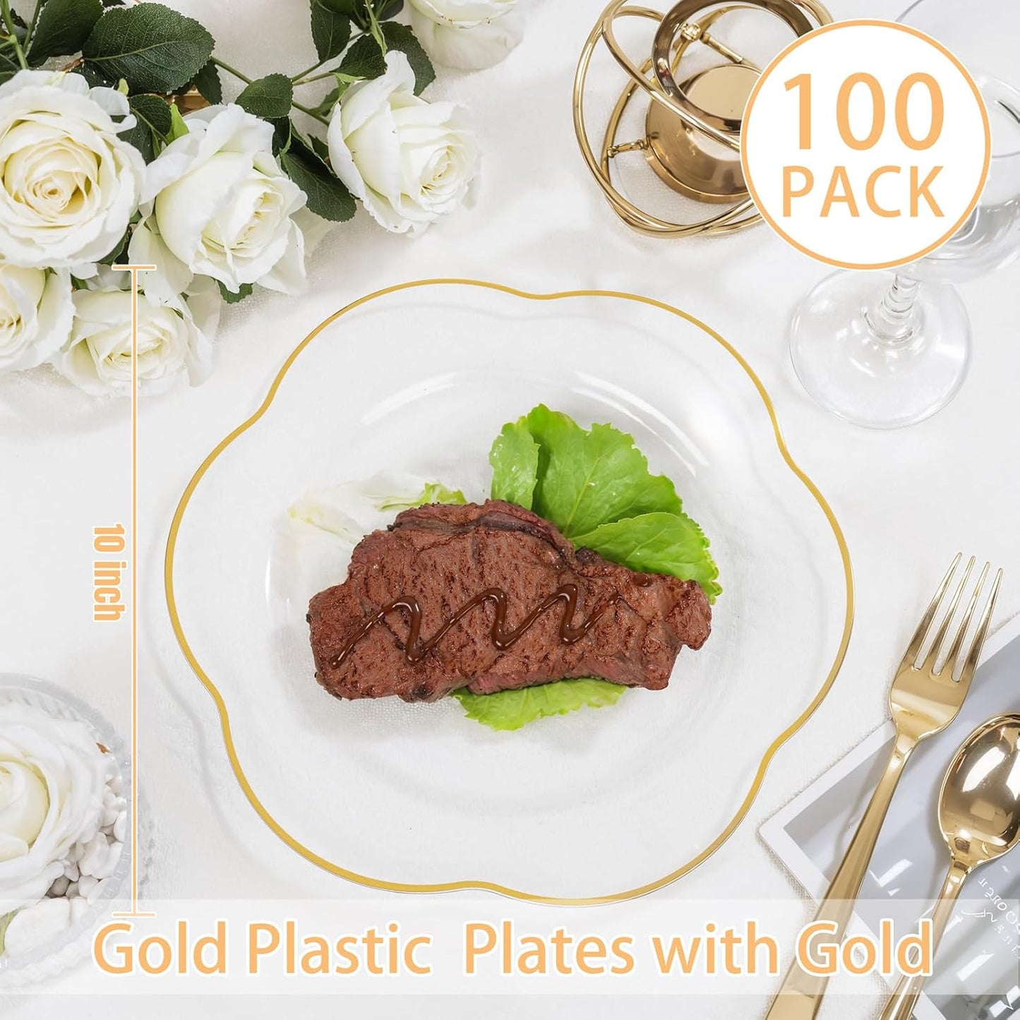 Liacere 100PCS Clear Plastic Plates - Clear and Gold Disposable Dinner Plates - 10inch Heavy Duty Gold Dinner Plates, Perfect for Wedding & Party & Holiday & Fall & Thanksgiving
