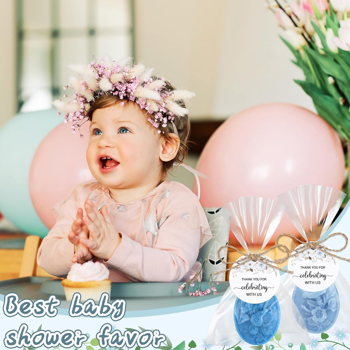 Demissle 20 Pcs Baby Shower Soap Favors Wildflowers Baby Shower in Bloom Flower Bath Soap Gift Set with White Greeting Card Handmade Gifts for Guests Decorations Supplies(Blue Color,Trendy Style)