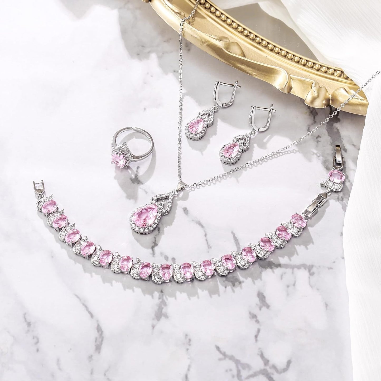 BriLove Wedding Jewelry Set for Women Bride Bridesmaid, Gorgeous Cubic Zirconia Teardrop Necklace Earrings Bracelet Adjustable Ring Jewelry Gift for Birthday/Anniversary/Mother’s Day