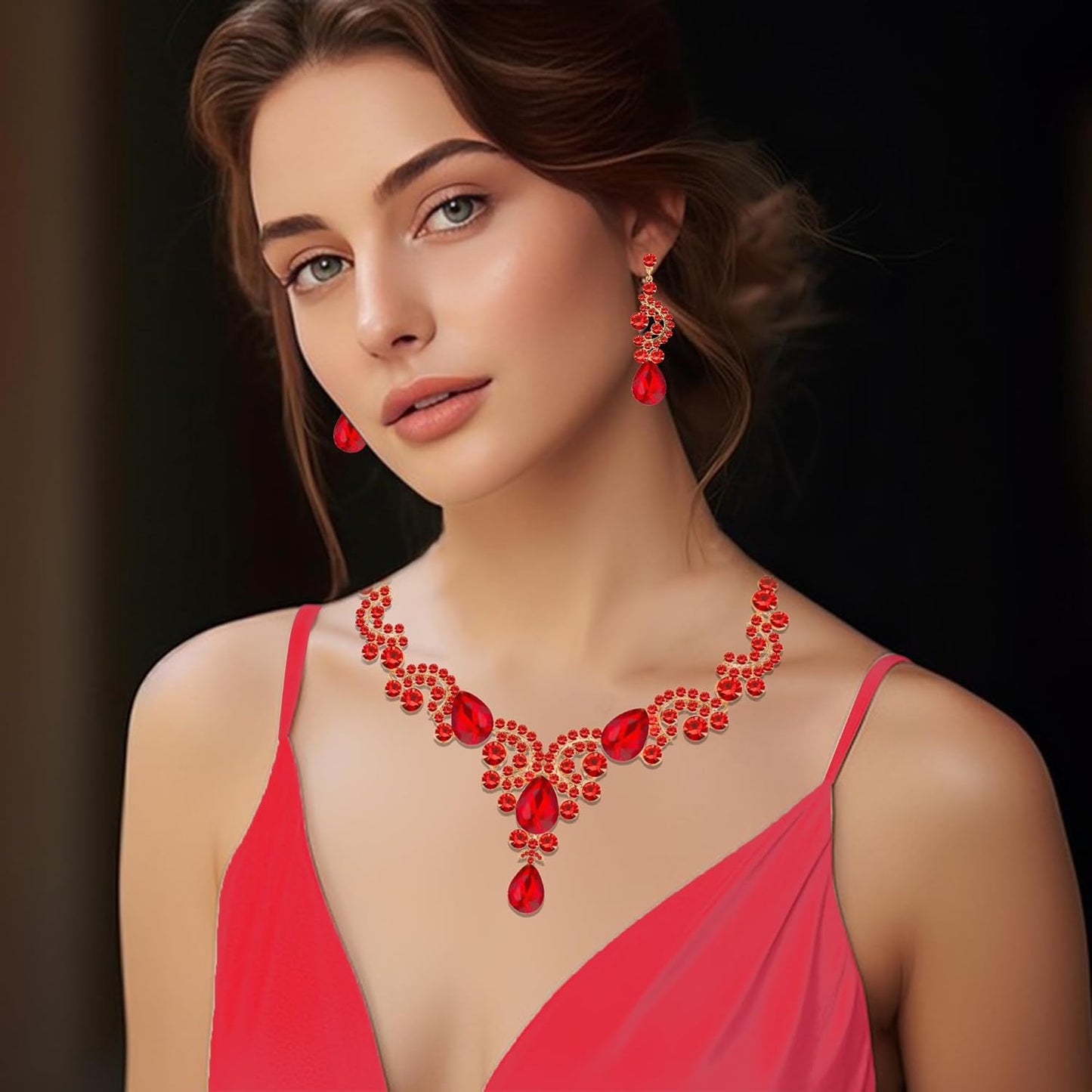 Crystal Bridal Wedding Jewelry Sets for Women Rhinestone Teardrop Crystal Statement Choker Necklace Drop Earrings Link Bracelets Rings Teardrop Jewelry Set for Brides Bridesmaids