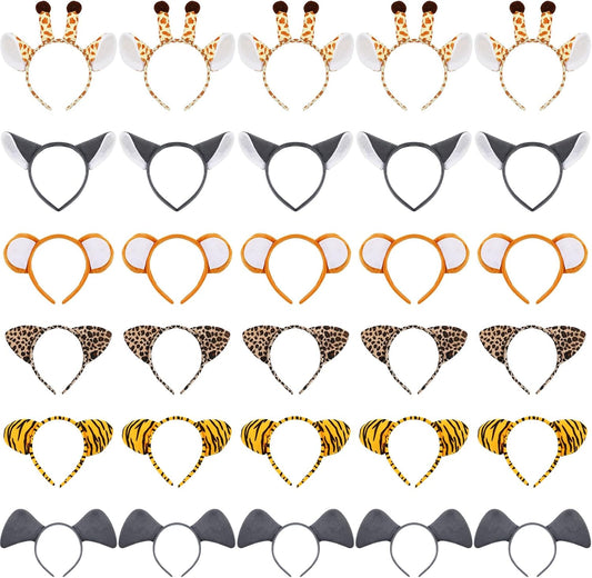 Kigeli 30 Pcs Jungle Animal Safari Ears Headbands for Hair Hoops Photo Booth Props One Birthday Halloween Favors
