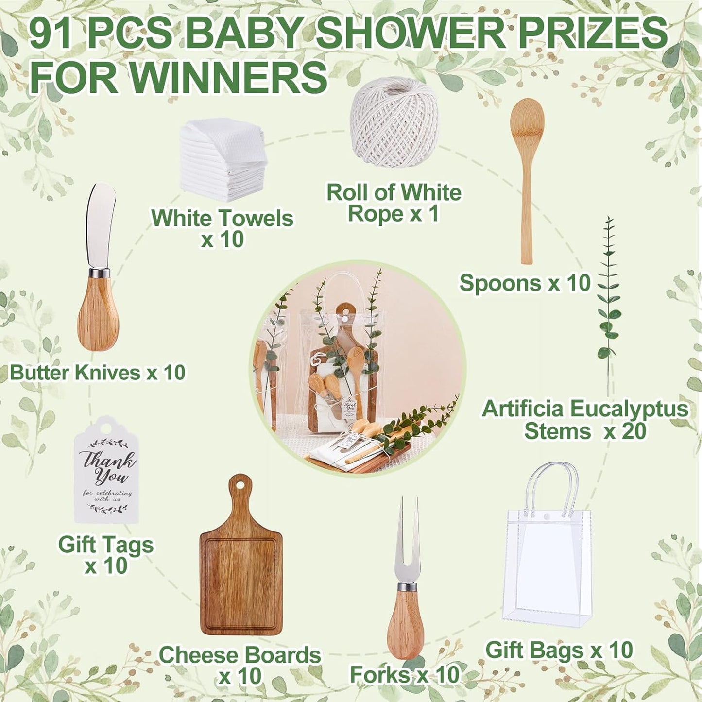 Baby Shower Prizes for Game Winners Bamboo Cheese Board Spoon Fork Butter Spreaders Plaid Towel Thank You Card and Gift Bags for Baby Shower Wedding Bridal Shower Favors (Acacia, 10 Sets)
