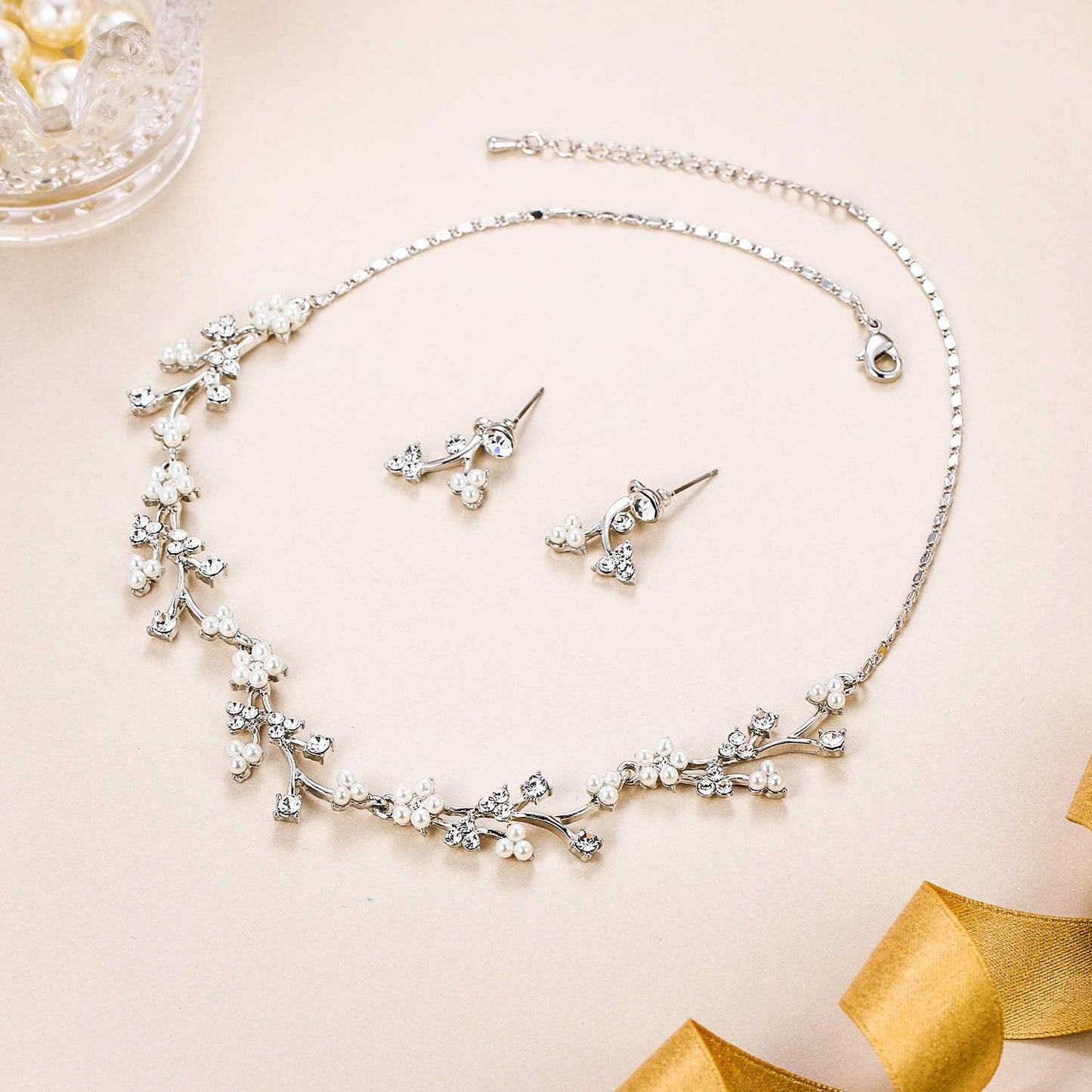 EVER FAITH Bridal Cubic Zirconia Jewelry Sets for Women, White Simulated Pearl Leaf Vine Pendant Wedding Party Necklace Earrings Set for Bridesmaid Bride