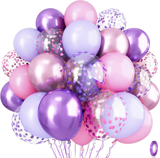 Pastel Pink and Purple Balloons, 12 Inch Light Purple Baby Pink Confetti Balloons with Metallic Lilac Latex Balloon Set for Girls Women Butterfly Birthday Baby Bridal Shower Wedding Party Decorations