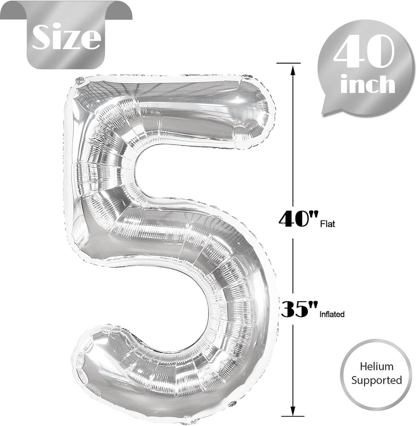 Silver Number 5 Balloon 40 Inch, 5th Birthday Party Decorations for Children, Giant 5 Foil Balloon for Party Supplies