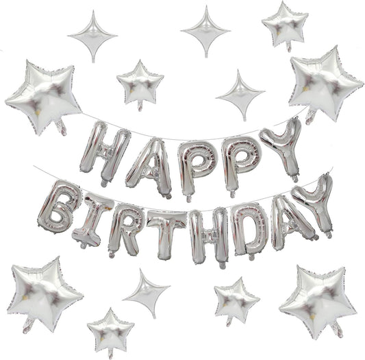 KALOR Silver Happy Birthday Balloons Kit with16 Inch Mylar Foil Letters Balloon and Star Balloons for Women, Men, Boys & Girls Kids Birthday Decorations Photo Backdrop