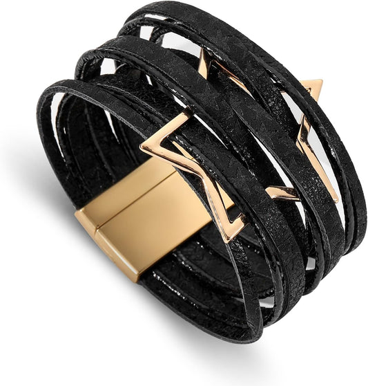 Fesciory Leopard Bracelet for Women, Boho Leather Wrap Multi-Layer Pearl Crystal Bracelet Bangle Jewelry