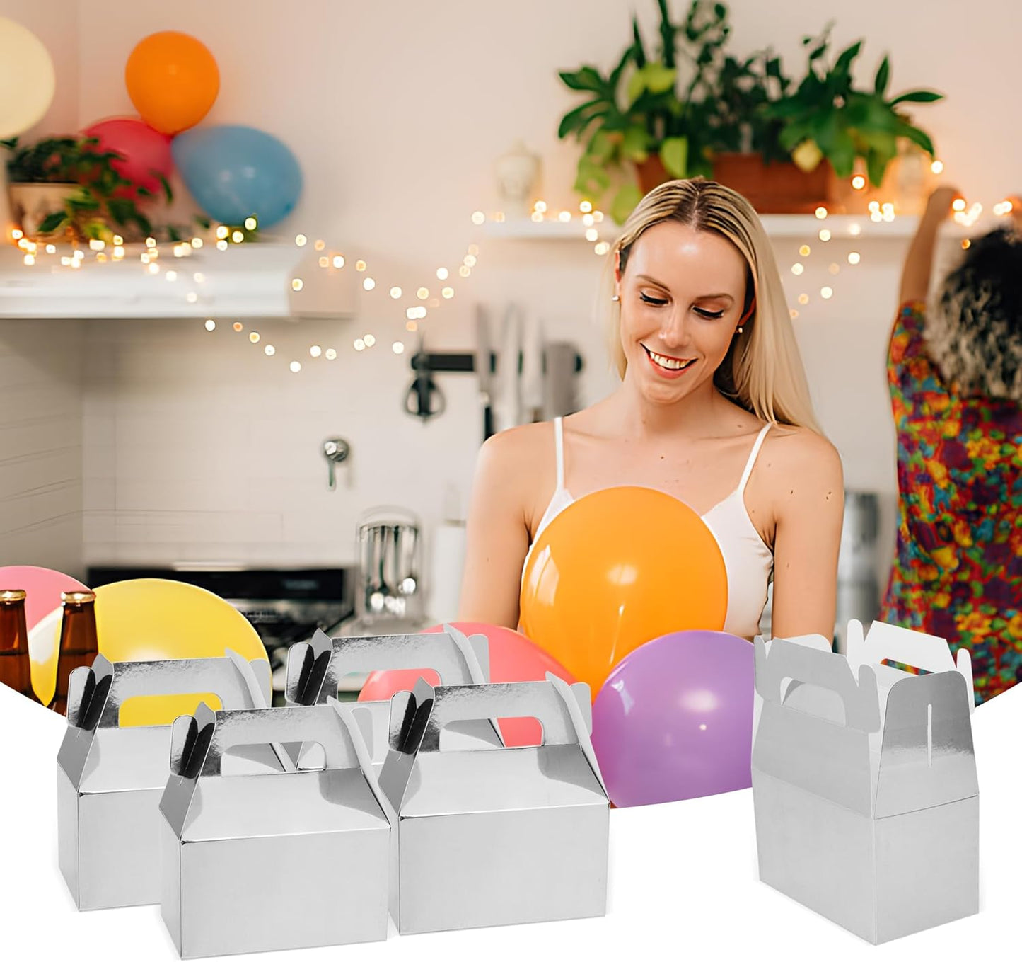 XAGLVV 24 Pcs Silver Party Favor Box, 6.2 * 3.5 * 3.5 Inch Gable Box,Treat Box Party Favor with Handles,Goodie Boxes for Kids Birthday,Wedding, Classroom Activity, Babyshower