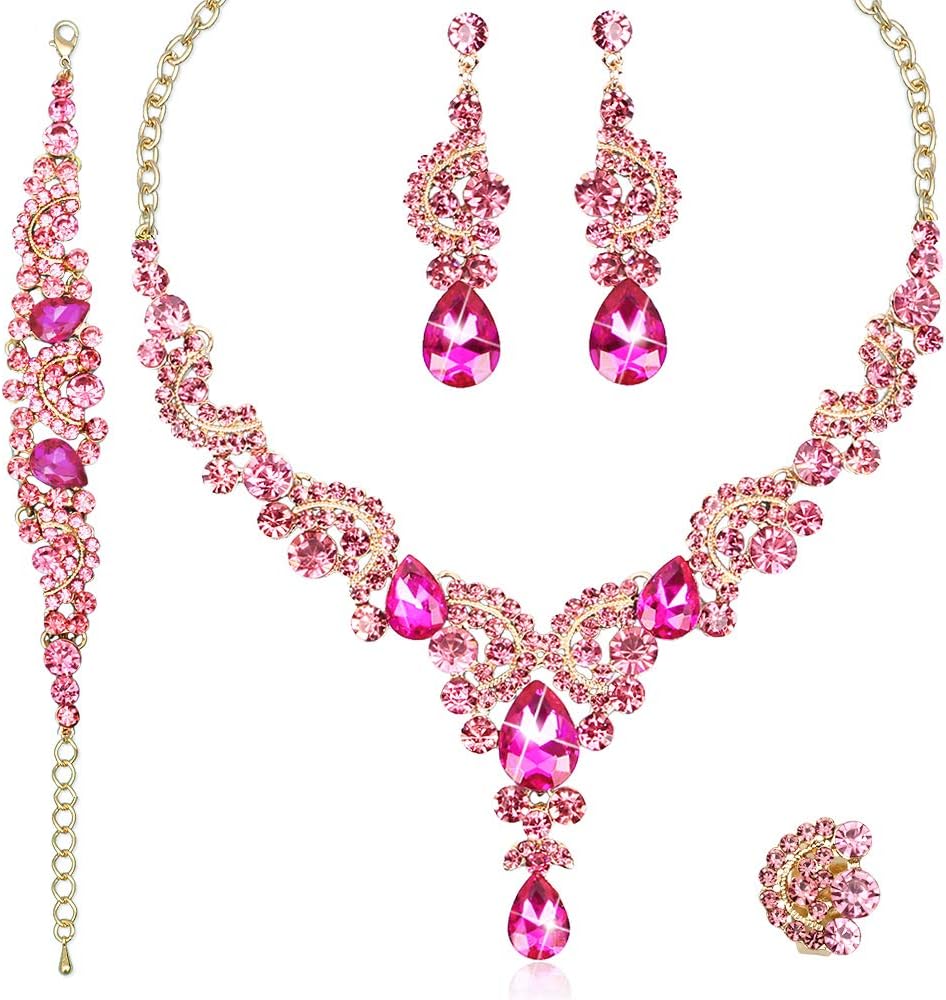 CSY Elegant Crystal Necklace Earrings Bracelet Ring Bridal Wedding Party Costume Jewelry Sets for Brides Women