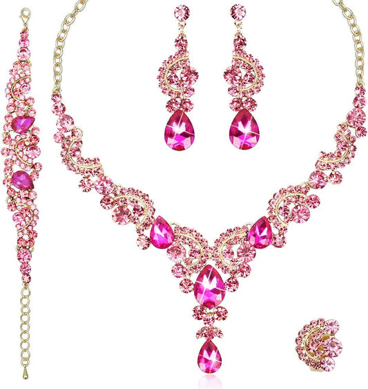 CSY Elegant Crystal Necklace Earrings Bracelet Ring Bridal Wedding Party Costume Jewelry Sets for Brides Women