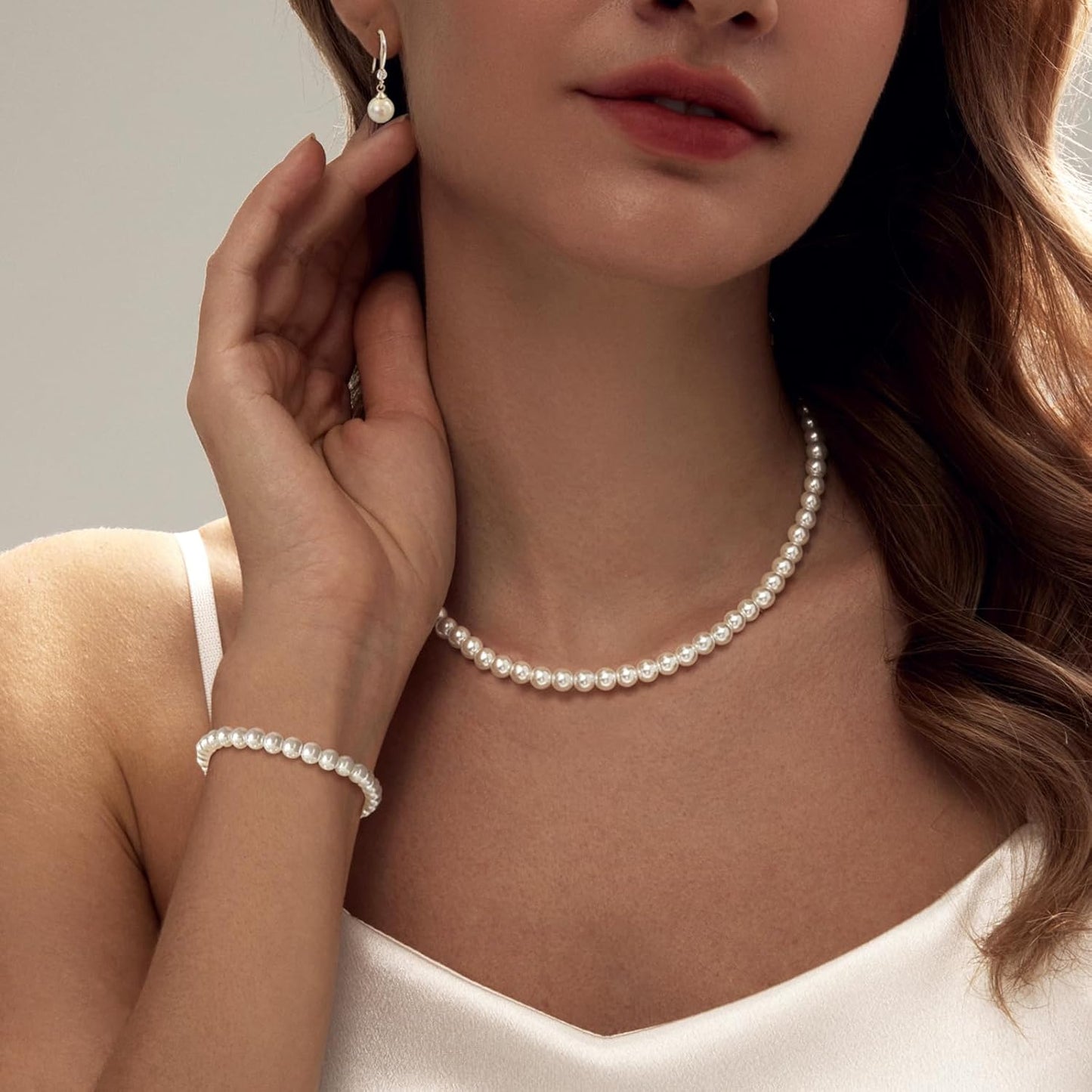 Gold Jewelry Set for Women - Dainty 14K Gold Plated Pearl Necklace and Earring Set with Drop Earrings, Bracelets, Choker Necklace - Wedding Jewelry Gift