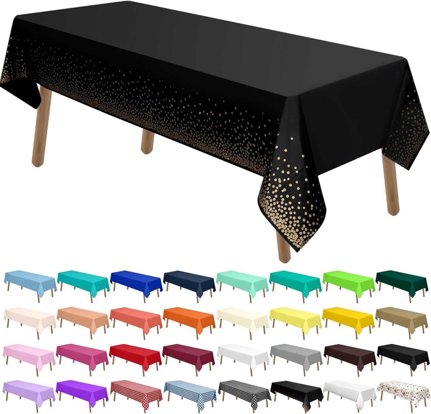 PARTY ULYJA Gold Polka Dots Confetti Plastic Tablecloths 2 Pack Black Disposable Table Covers Thanksgiving 54 x 108 Inch Table Cloths for Picnic Birthday Wedding Parties 8 Foot Rectangle Table