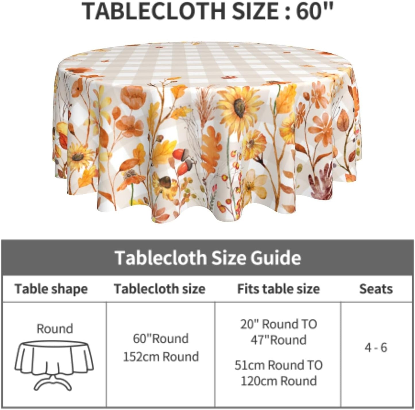 Autumn Floral Tablecloth 60Inch Round Watercolor Fall Flowers Table Cloth with Khaki Buffalo Plaids Orange Wildflower Leaves Table Cover Polyester Washable for Kitchen Dining Picnic Tabletop Decor