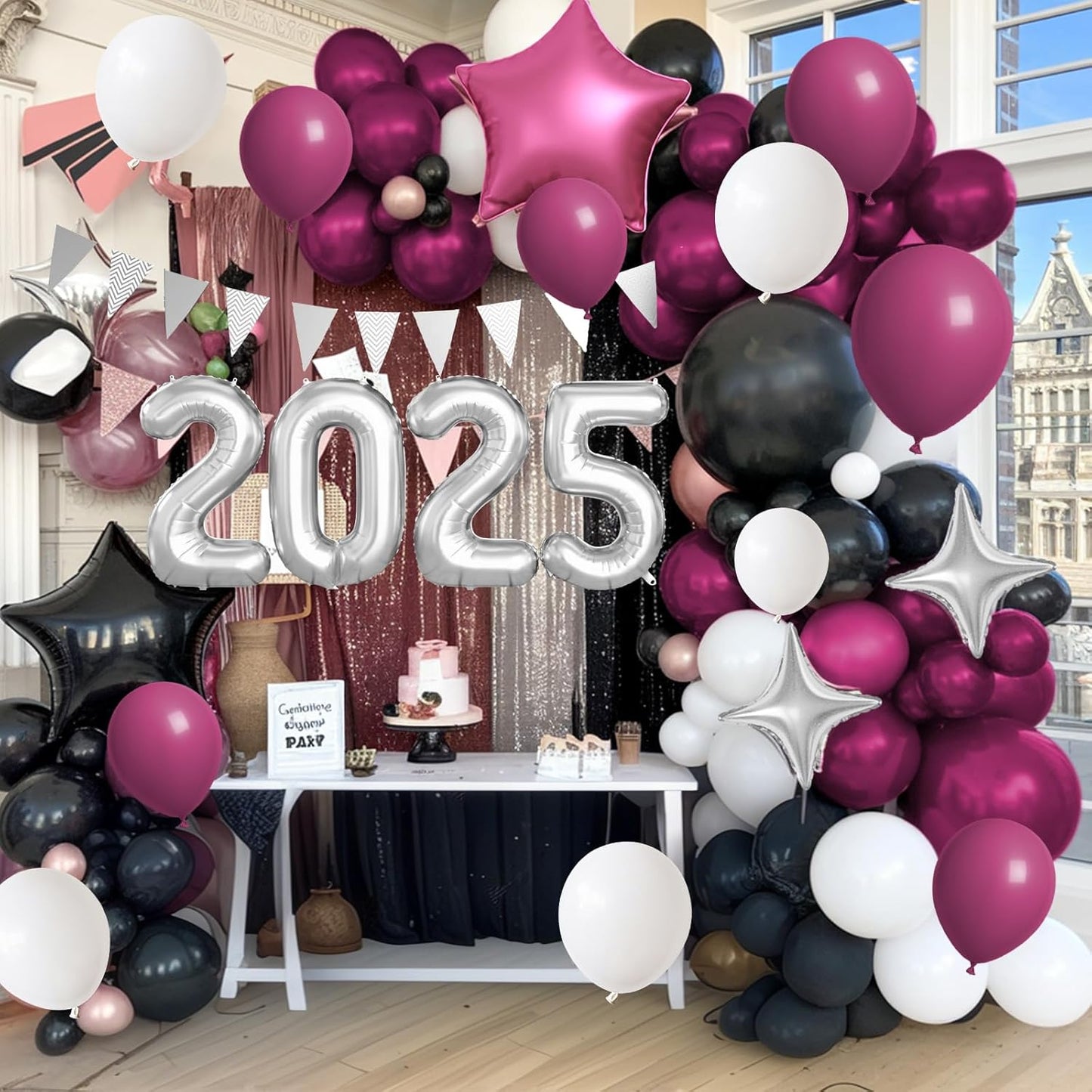 Burgundy Black White Balloons Arch Kit with Star Balloon Pennant Flag Bunting 2025 Foil Balloon Banner Maroon Balloons Garland for Class of 2025 Graduation Theme Birthday Party Supplies