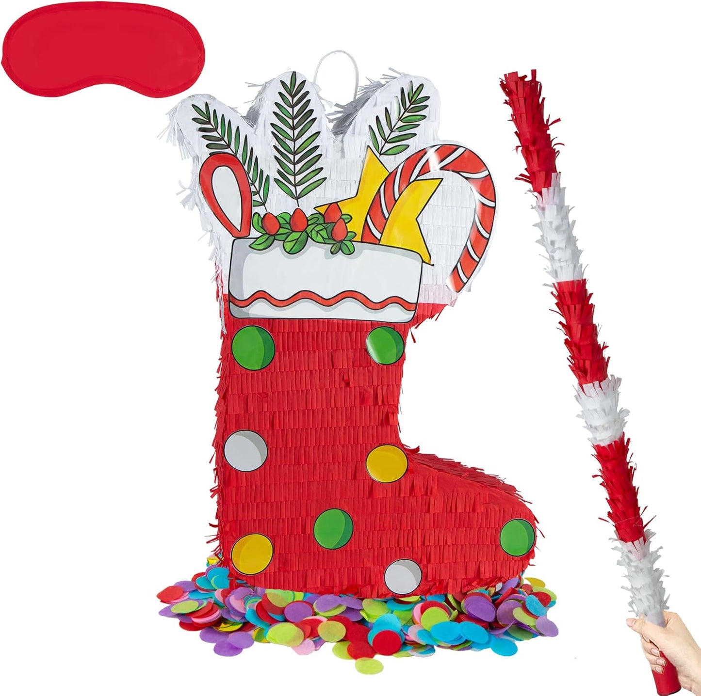 PCFING 21.6 Inch Christmas Stocking Piñata with 30 Inch Piñata Stick Blindfold Confetti for Boy Girl Adults Xmas Party Game Decorations