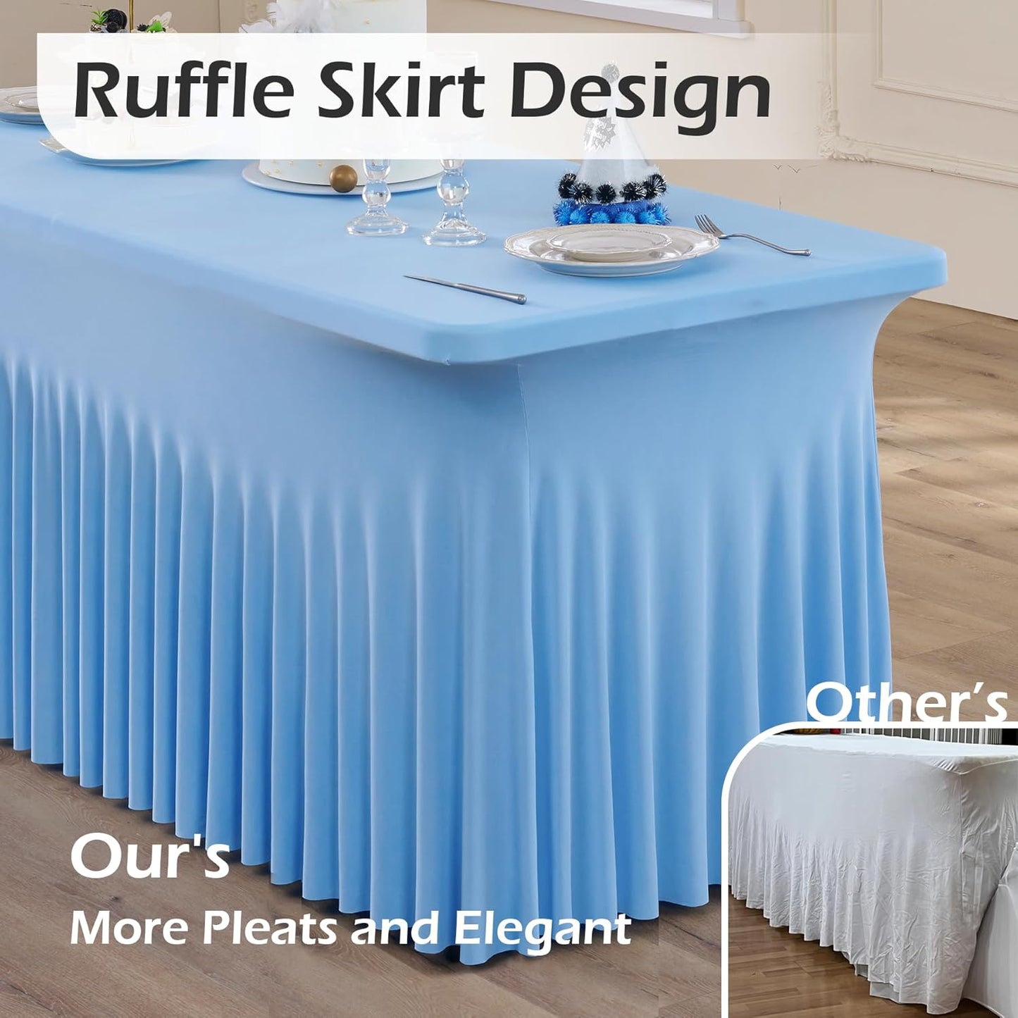 4 pk Baby Blue Spandex Tablecloth 6ft with Ruffle Skirt, Wrinkle Free High Stretch Fitted Tablecloths for 6 Foot Rectangle Tables, Blue Eastic Spandex Table Covers 6ft for Parties Banquet Weddings