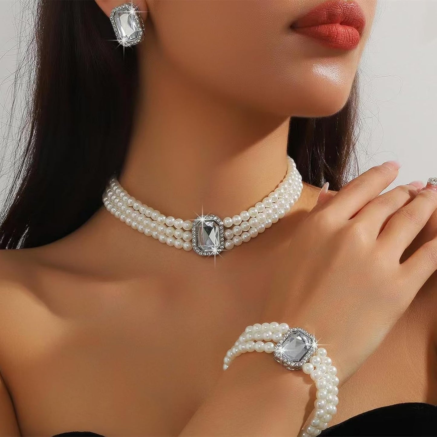 la luen Pearl Bride Wedding Jewelry Set Faux Pearls Crystal Rhinestone Necklace Earrings Bracelet Sets for Women Bridesmaid(3 PCS)