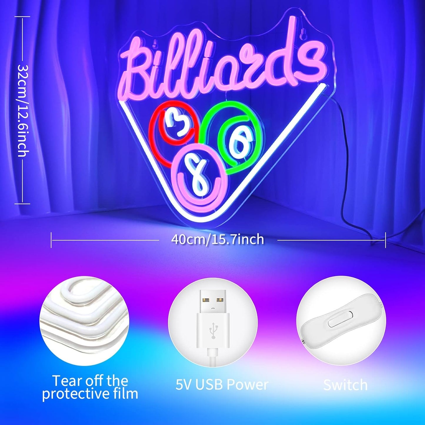Billiards Neon Signs for Wall Decor Purple LED Light Sign for Preppy Room Decor Light Up Sign for Game Room Birthday Party Decoration USB Powered