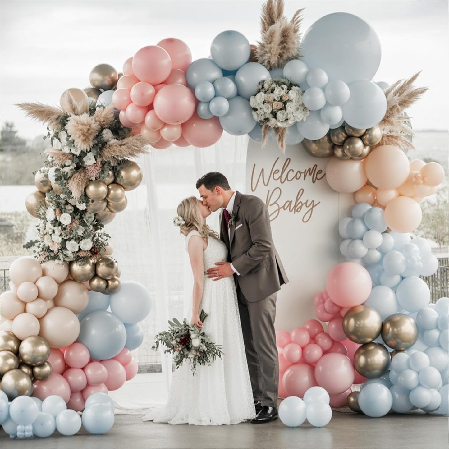 Baby Pink Blue Gender Reveal Balloon Garland Arch Kit, 120pcs Dusty Blue Pink Cream and Pastel Gold Balloons for Boho Neutral Oh Baby Shower Birthday Decor Gender Reveal Party Decorations Supplies