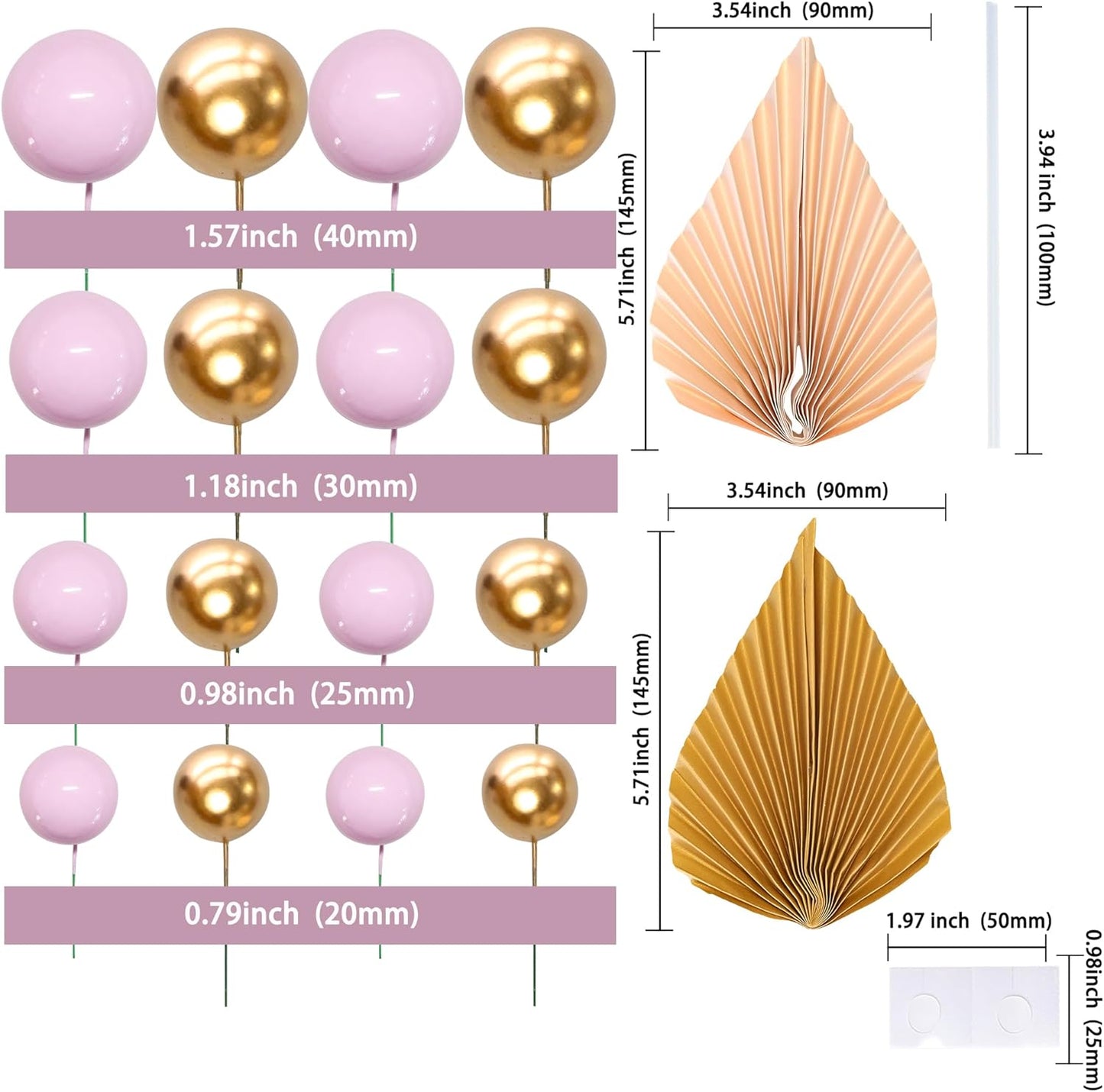 Ephlyn 28Pcs Paper Palm Fan Cake Topper Balls Cake Pick Decoration for Baby Shower Wedding Bridal Shower Birthday Party DIY Cake Decorations Supplies Pink Gold