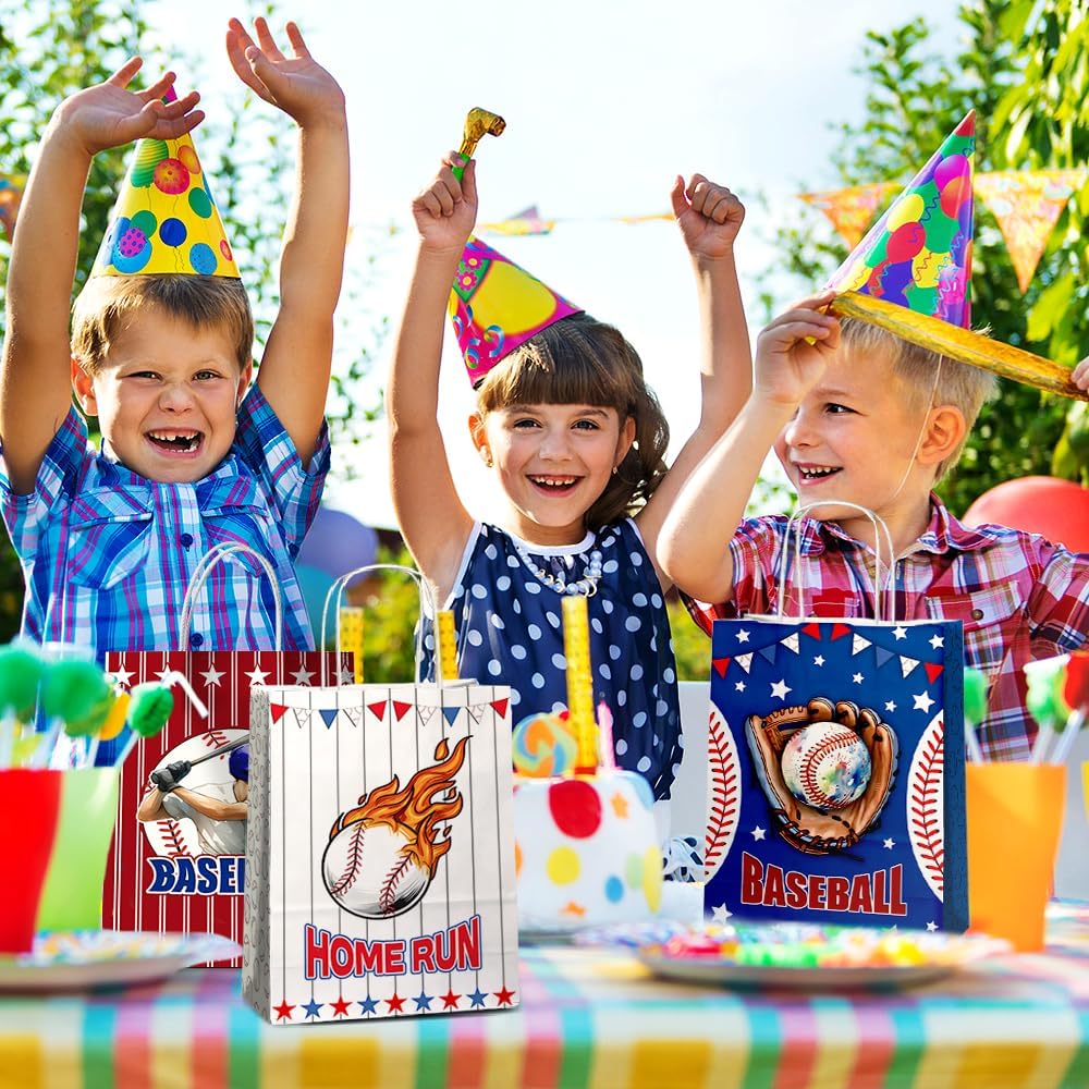 JOYGATHER 24 Pcs Baseball Goodie Bags with Handles, Baseball Party Favors Gift Candy Treat Snack Paper Bags with 3 Different Types for Birthday Party Supplies Decorations