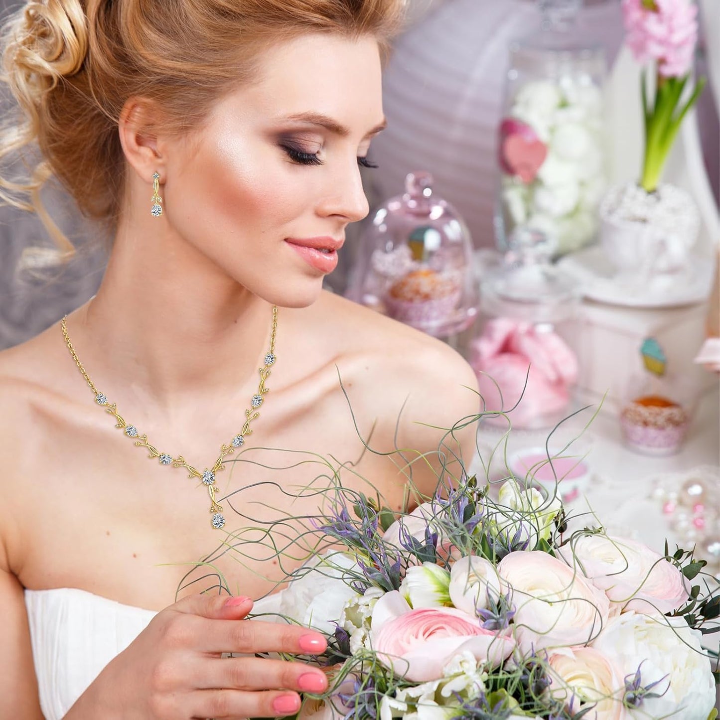 Hadskiss Jewelry Set for Women, Necklace Dangle Earrings Bracelet Set with White AAA Cubic Zirconia, Allergy Free Wedding Party Jewelry for Bridal Bridesmaid