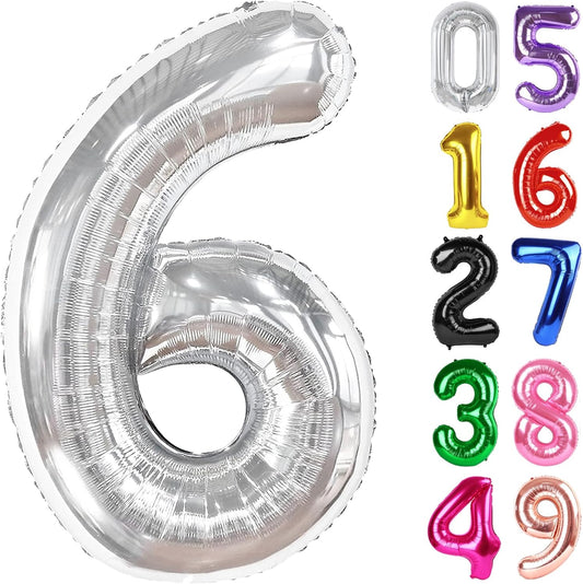 Silver Number 6 Balloon 40 Inch, 6th Birthday Party Decorations for Children, Giant 6 Foil Balloon for Party Supplies