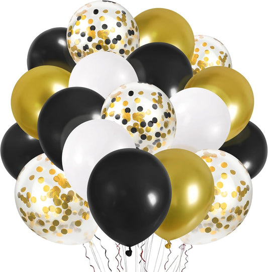 CANREVEL 50pcs 12 Inches Black Gold Confetti Balloons Kit, Metallic Gold and Black White Party Balloons with Ribbons for Birthday, Baby Shower, Graduation, New Year Decorations
