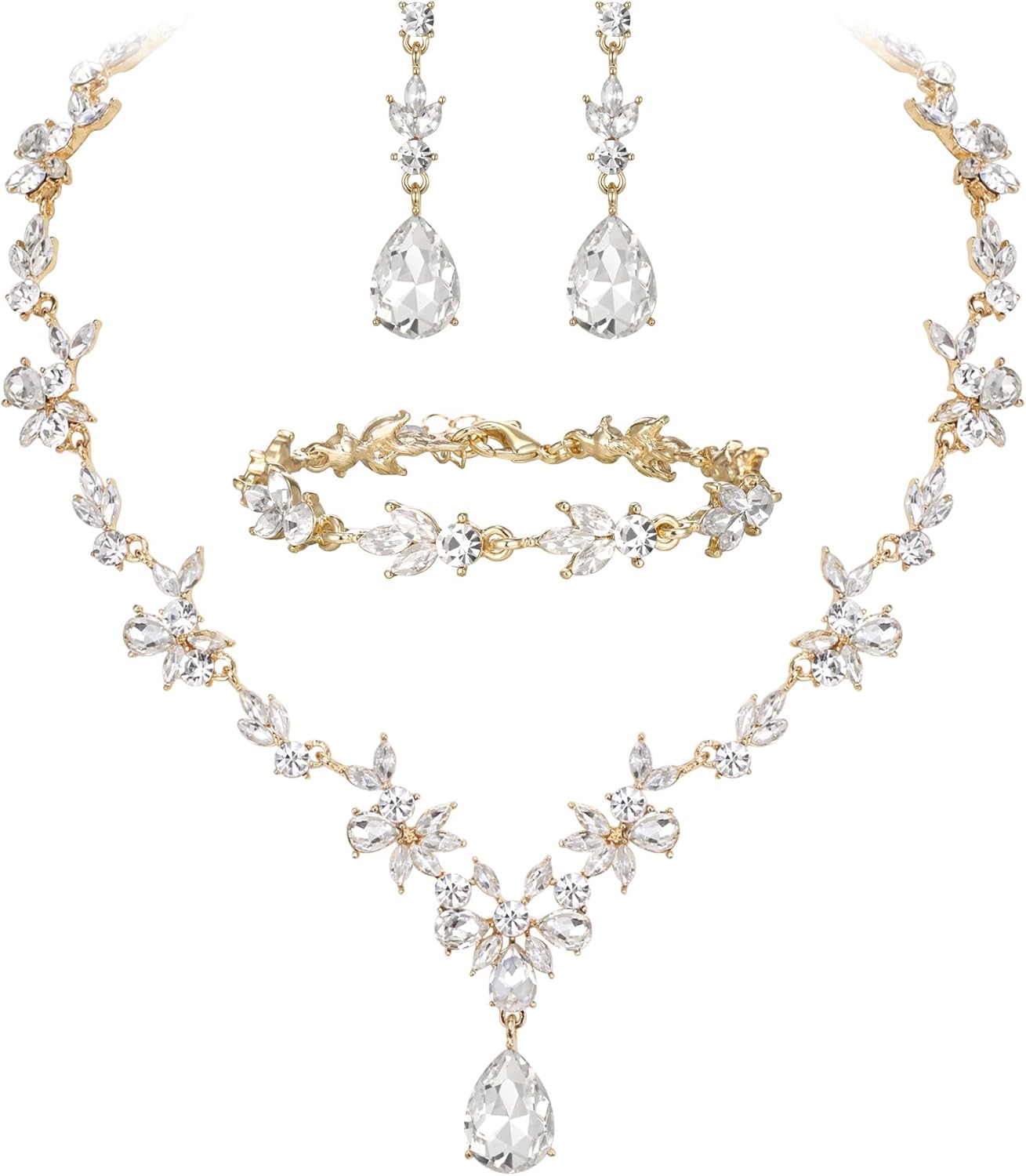 BriLove Wedding Jewelry Set for Women Bride, Y-Necklace Tennis Bracelet Dangle Earrings Crystal Teardrop Marquise Cluster for Bridal Bridesmaid