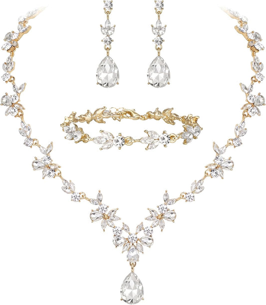 BriLove Wedding Jewelry Set for Women Bride, Y-Necklace Tennis Bracelet Dangle Earrings Crystal Teardrop Marquise Cluster for Bridal Bridesmaid