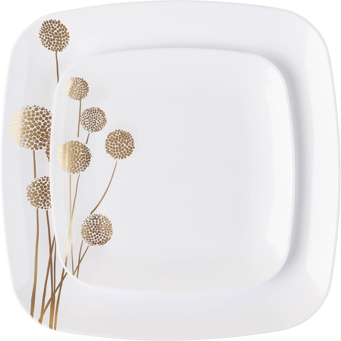 PLASTICPRO Square 128 Piece Combo Plates Set includes 64 x 7'' inch Salad Plates & 64 x 10'' inch Dinner Plates White Plastic with Gold Dandelion Design Party Plates, heavyweight Elegant,