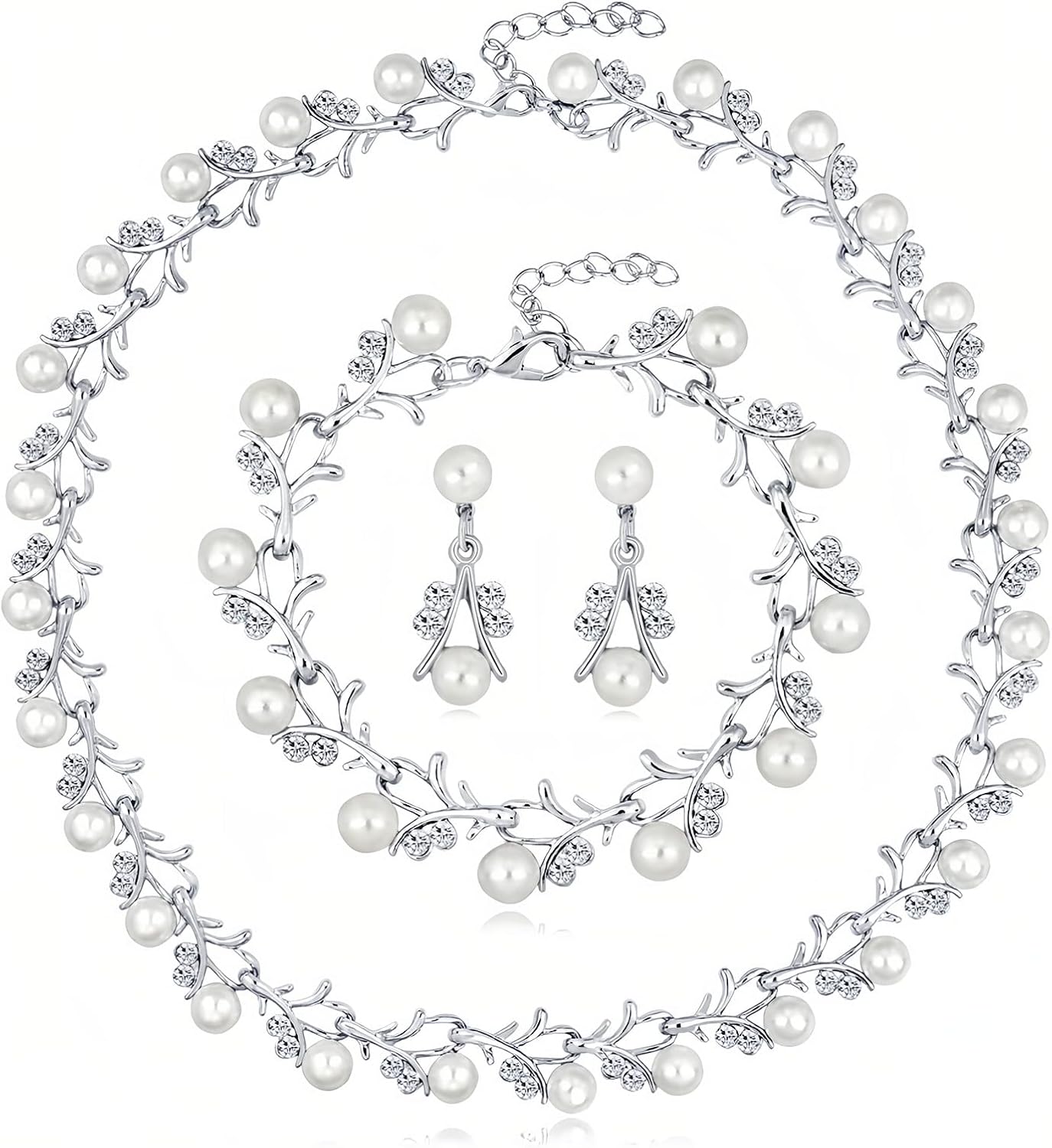 la luen Pearl Bride Wedding Jewelry Set Faux Pearls Crystal Rhinestone Necklace Earrings Bracelet Sets for Women Bridesmaid(3 PCS)