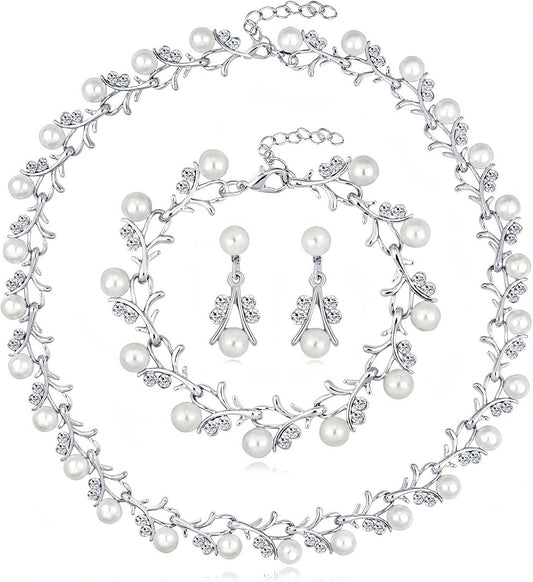 la luen Pearl Bride Wedding Jewelry Set Faux Pearls Crystal Rhinestone Necklace Earrings Bracelet Sets for Women Bridesmaid(3 PCS)