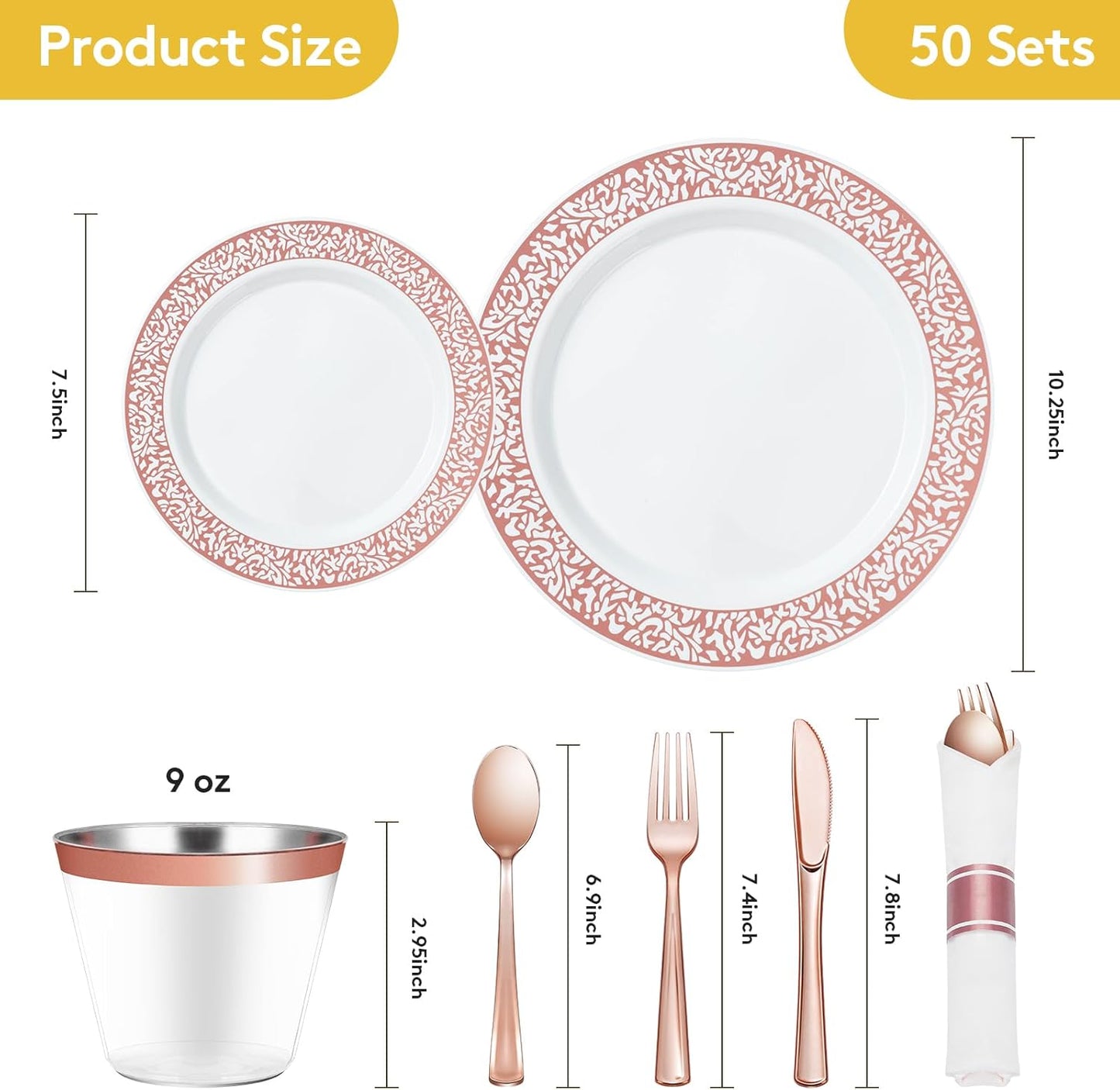 Goodluck 350 Piece Rose Gold Plastic Dinnerware Set for 50 Guests, Disposable Lace Plates for Party, Include: 50 Rose Gold Party Plates, 50 Dessert Plates, 50 Pre Napkins with Silverware, 50 Cups