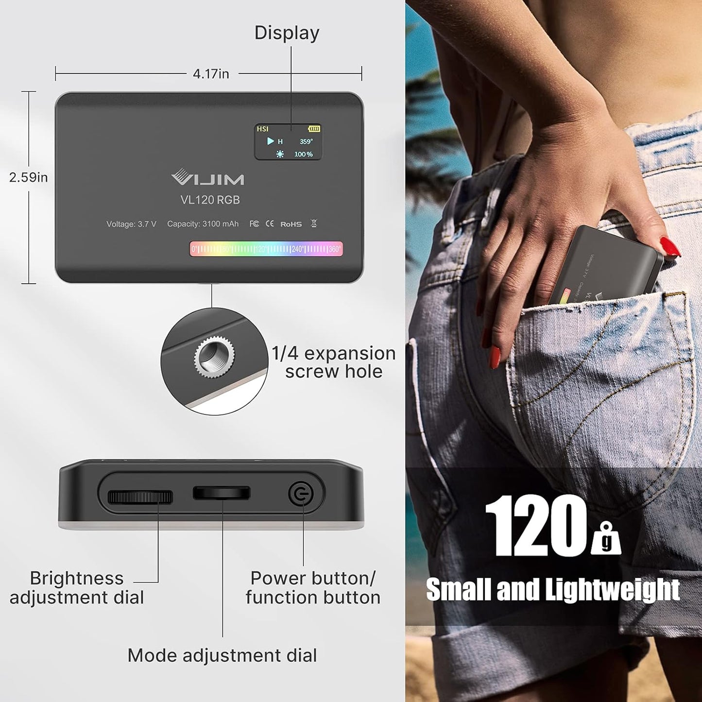 VIJIM VL120 RGB Video Light, Portable LED Camera Light Panel 0-360 Full Color, CRI 95+ 2500-9000K LED 3100mAh Rechargeable DSLR Lighting for Vlogging, Photography, Video Conference