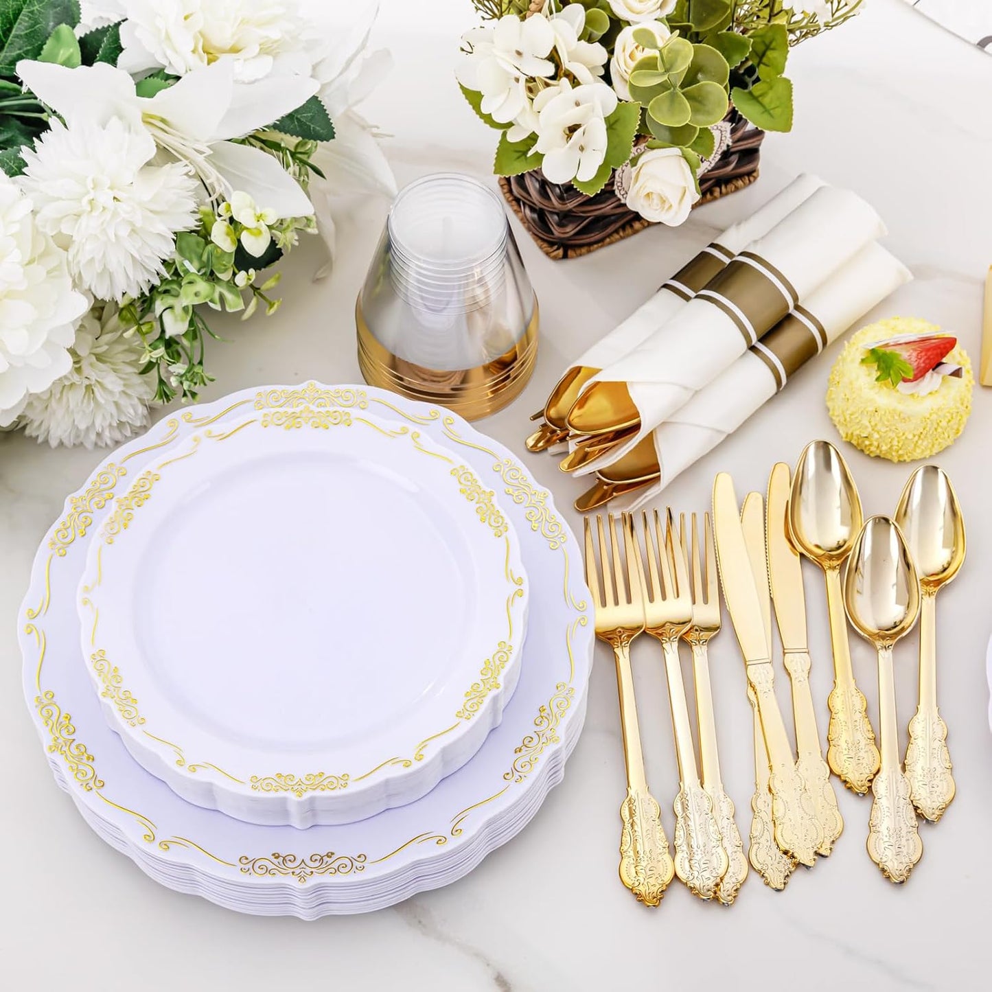 U-QE 175 Pieces Gold Plastic Plates and Napkins Party Supplies - White and Gold Dinnerware Set 25 Guest - 25 Dinner Plate, 25 Dessert Plates, 25 Per Rolled Napkins with Gold Cutlery, 25 Cups 9 OZ