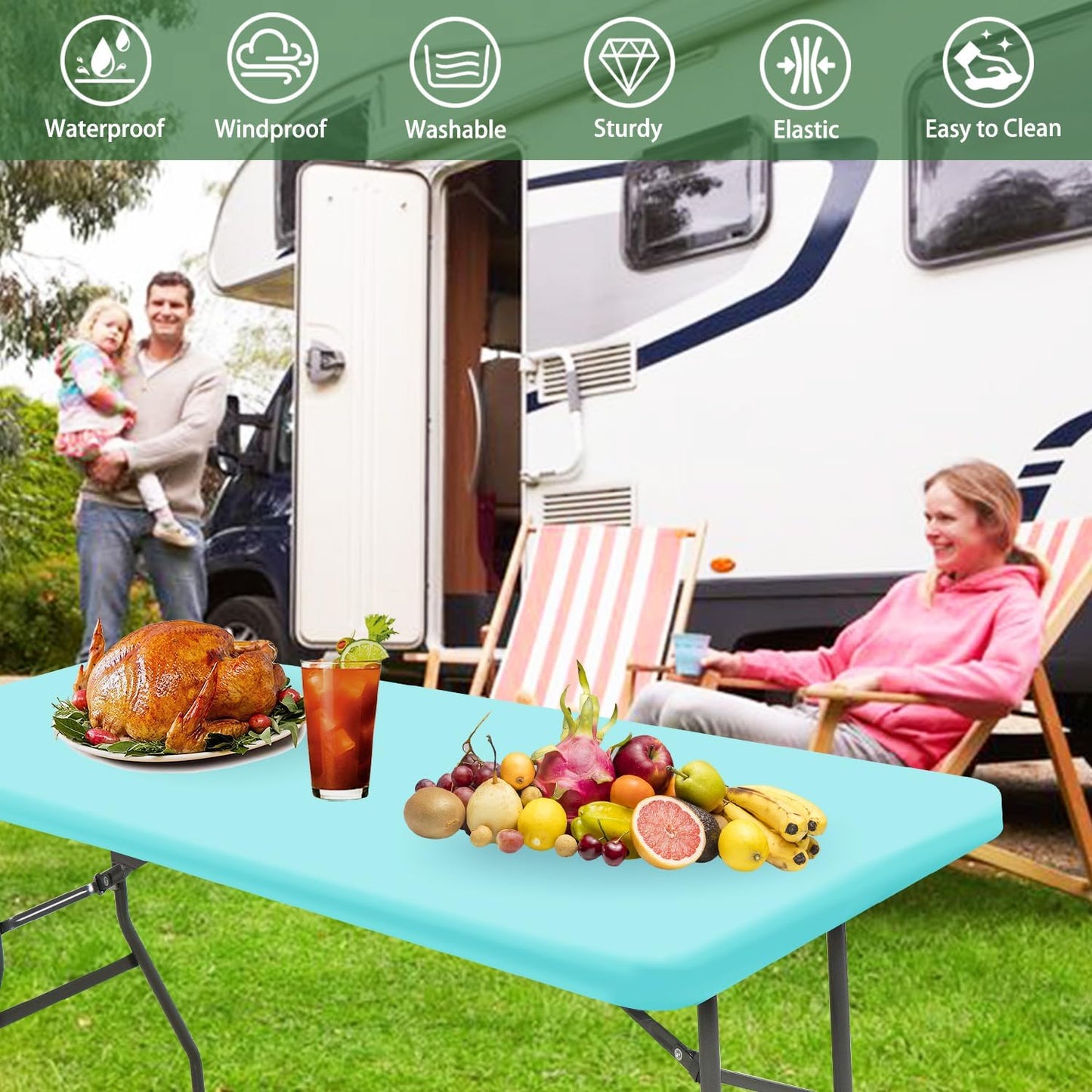 Picnic Table Cover 10 Pack Elastic Fitted Tablecloths for 8 Foot Rectangle Tables Waterproof Stretch Washable Patio Folding Outdoor Spandex Table Cloth Camping Banquet Parties (Aqua Blue,30" x 96")