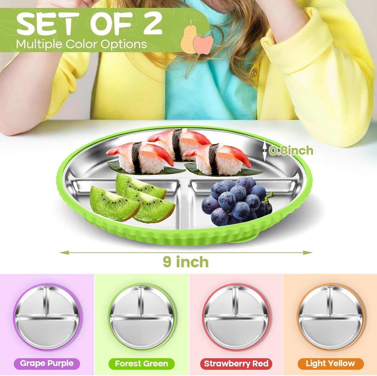 Stainless Steel Kids Plates with Suction, 2Pack 9" Divided Toddler Plates Removable Non Slip Silicone Sleeves Baby Feeding Led Weaning Supplies, BPA Free, Unbreakable Dishwasher Safe