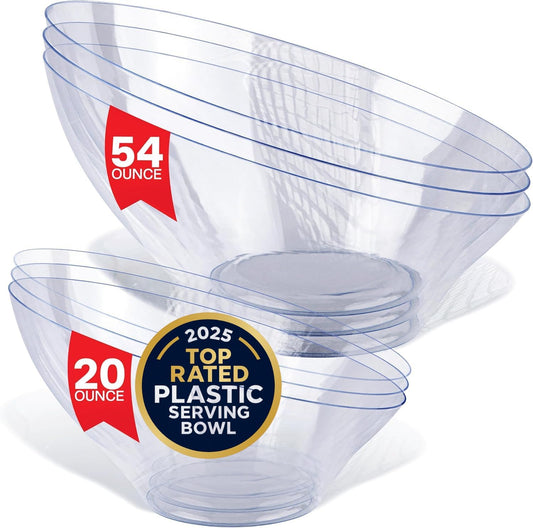 Multi-Pack Clear Plastic Serving Bowls (6 Pack) 3 x 54oz Large Disposable Candy Dishes, 3 x 20oz Buffet Containers, Chips, Popcorn, Snacks, Punch, Salad Bar, Parties, Bridal Shower, Party Supplies
