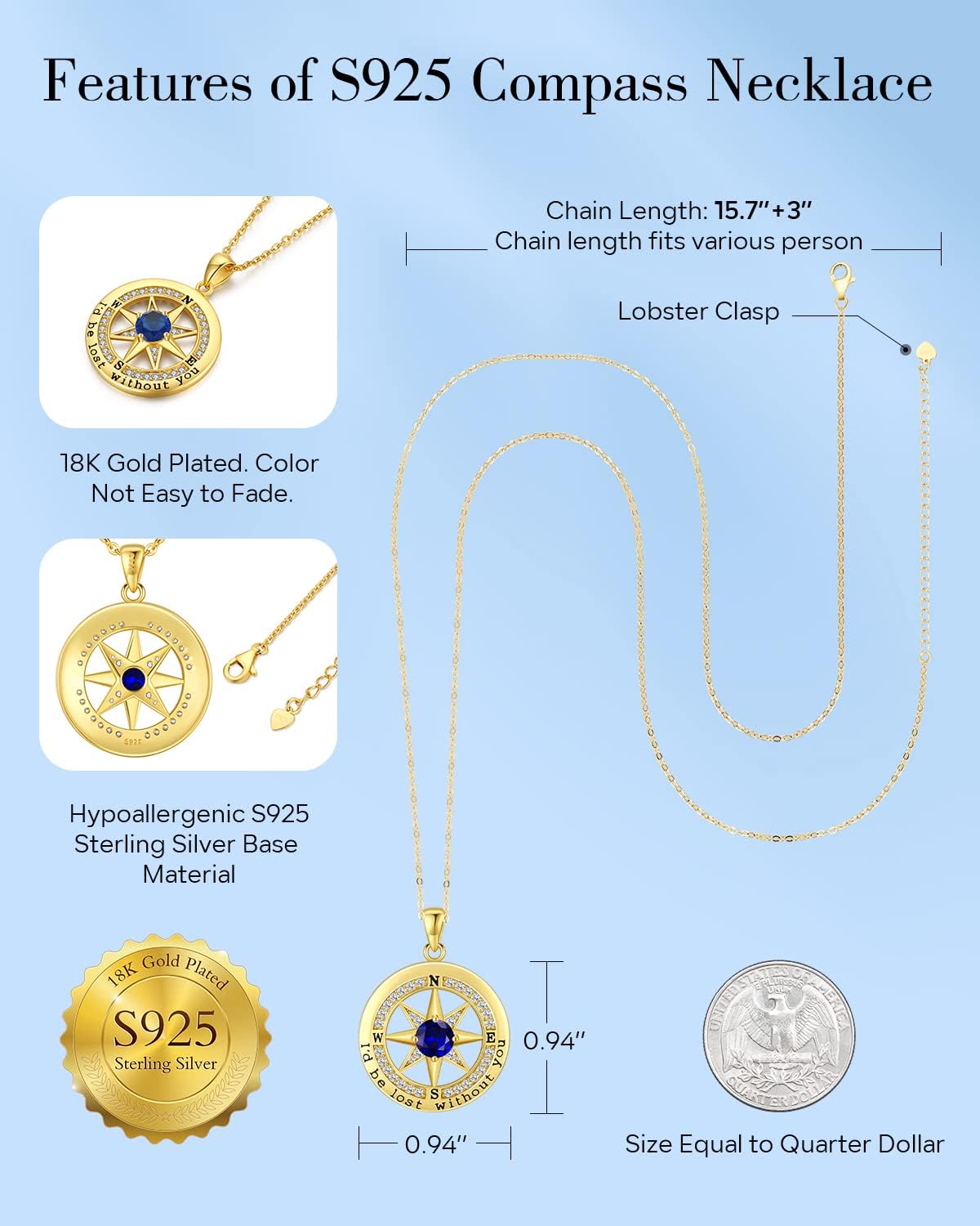 S925 Necklace Gift for Wife |Compass Jewelry |Women Anniversary |Sterling Silver |Girlfriend Birthday Gifts for Her Valentines |I'd be Lost without You |Jewel 18K Gold