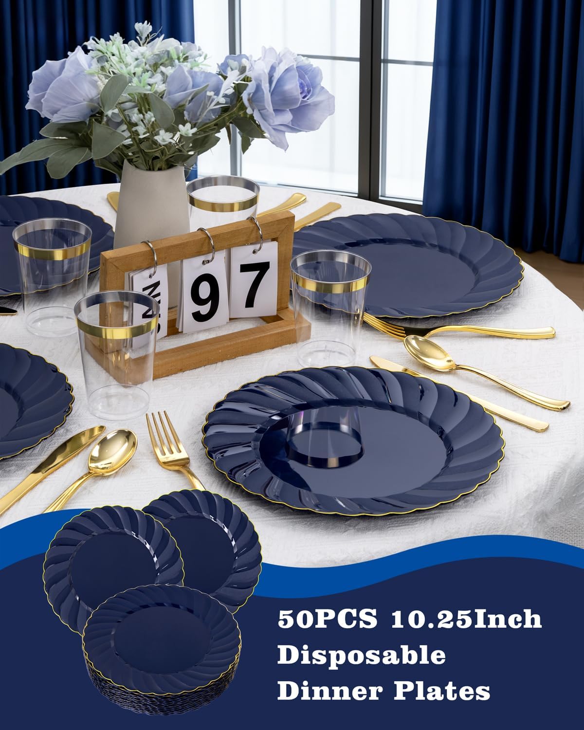 YOUBET 50 Pack Blue Scalloped Plastic Plates - 10.25 Inch Navy Blue Disposable Plates with Gold Rim - High End Elegant Vintage Dinner Plate for Birthday Parties & Wedding