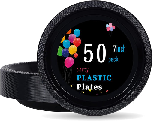 WELLIFE Black Plastic Plates 7 Inch 50 Count Disposable Plate for Party Halloween Plastic Plate, Dessert Small Plates for Dinner Cake Salad Party Supplies Birthday