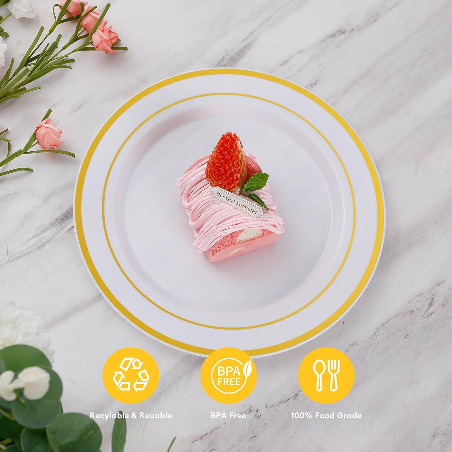 Goodluck 200PCS Gold Plastic Plates, Heavy Duty Disposable Gold Plates with 100 10.25 inch Dinner Plates and 100 7.5 inch Dessert Plates for Party, Holiday, Wedding, Thanksgiving