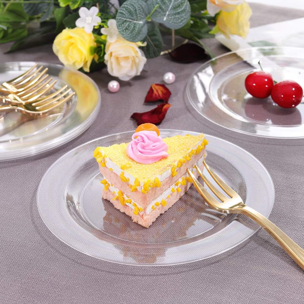 bUCLA 100Pieces Clear Plastic Plates - 6.25inch Premium Hard Disposable Salad/Dessert/Appetizer/Small Cake Plates for Wedding& Party