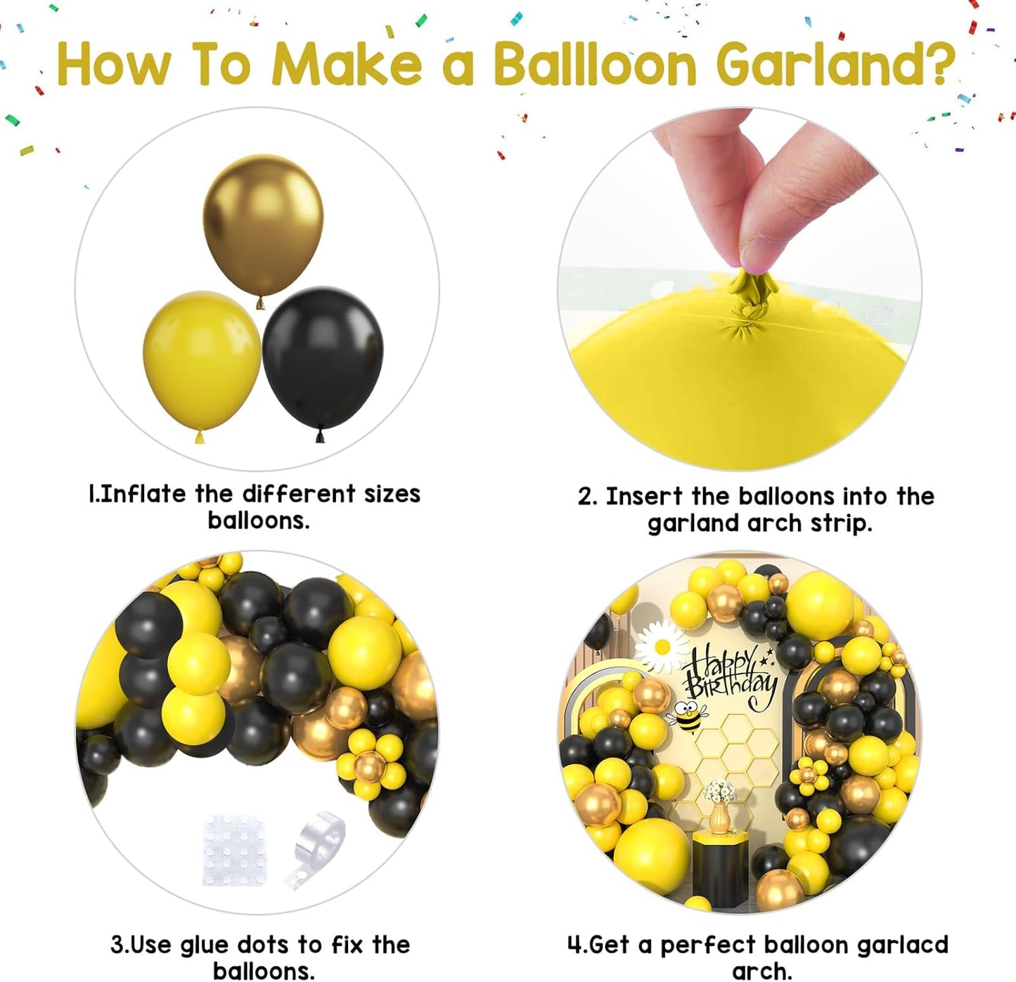 Paready Black and Yellow Balloon Arch Kit, 113Pcs Yellow Black Balloon Garland Kit Gold Party Balloons Metallic Gold Latex Balloons for Birthday Bee Theme Party Baby Shower Wedding