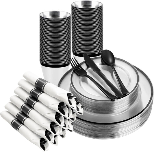 175PCS Clear and Black Disposable Plates Set for 25 Guests, 50 Plastic Plates, 25 Cups, 25 Pre-Rolled Napkins with Plastic Cutlery for Party, Birthday, Wedding, Thanksgiving, Christmas