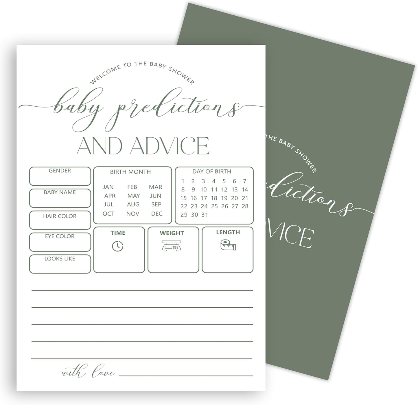 Advice For New Parents Baby Shower, Baby Predictions & Advice Cards For Baby Shower Games Activities, Wishes for Baby, 25 Double-Sided Thick Cards – Minimalist Green A07