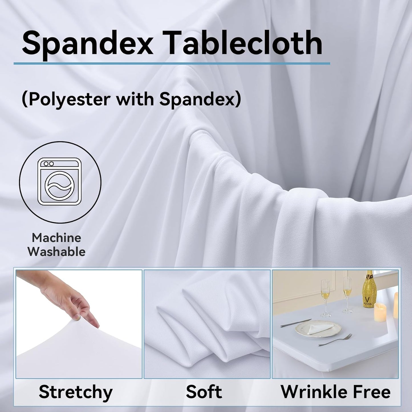 NSSONBEN 2 Pack White Spandex Tablecloth 6ft with Pleats Skirt, Wrinkle Free High Stretch Fitted Tablecloths for 6 Foot Rectangle Tables, Elastic Spandex Table Covers 6ft for Parties Weddings Banquet