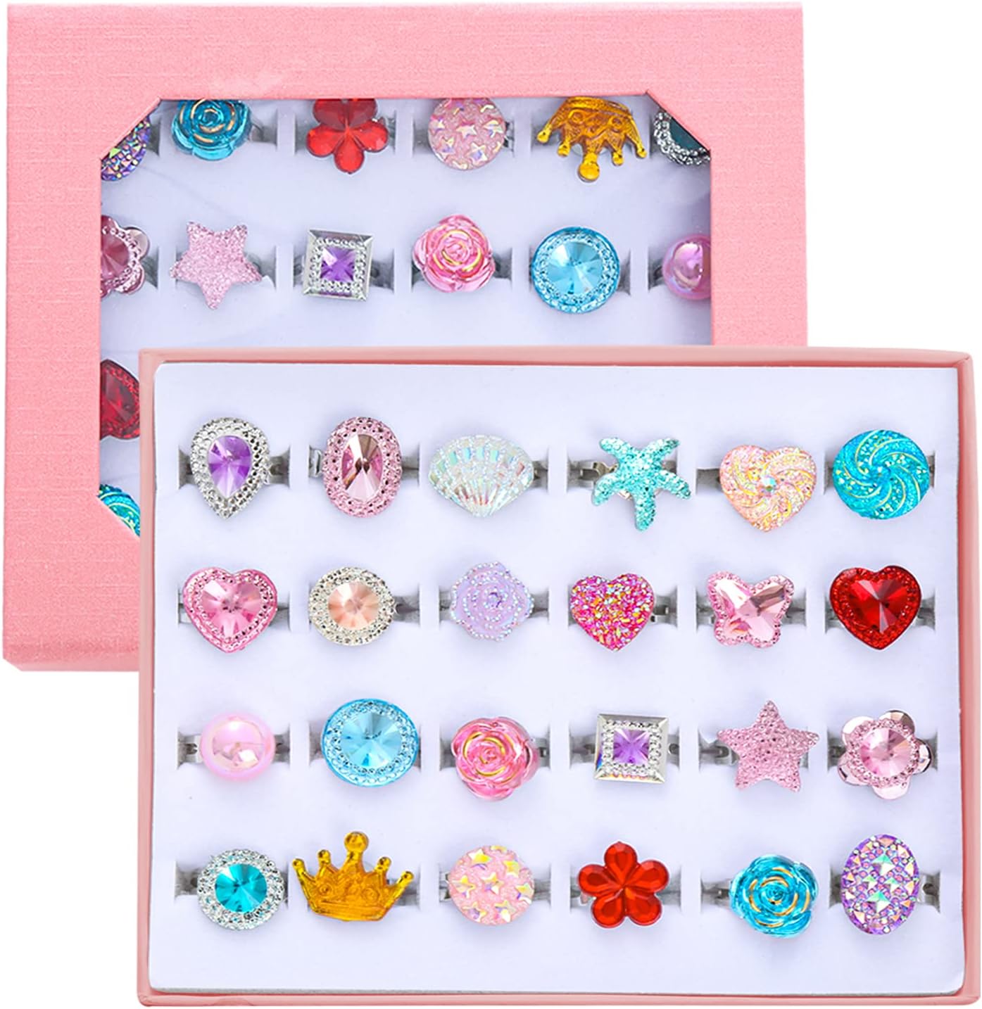 24pcs Little Girl Jewel Rings, Adjustable, No Duplication Kids Play Ring in Box,Pretend Play and Dress Up Rings for 4-12 Year Old Girl Birthday Christmas Gifts,3 4 5 6 7 8 9 10 11 12 Year Old